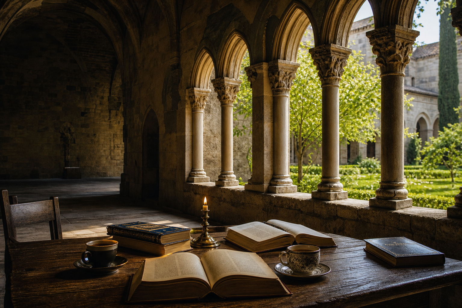Table de cloître avec livres ouverts, bougie et jardin paisible