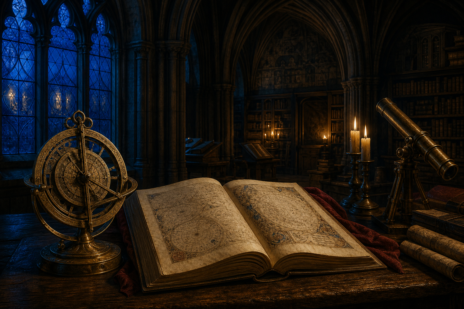 Manuscrit, astrolabe et telescope dans une bibliotheque monastique