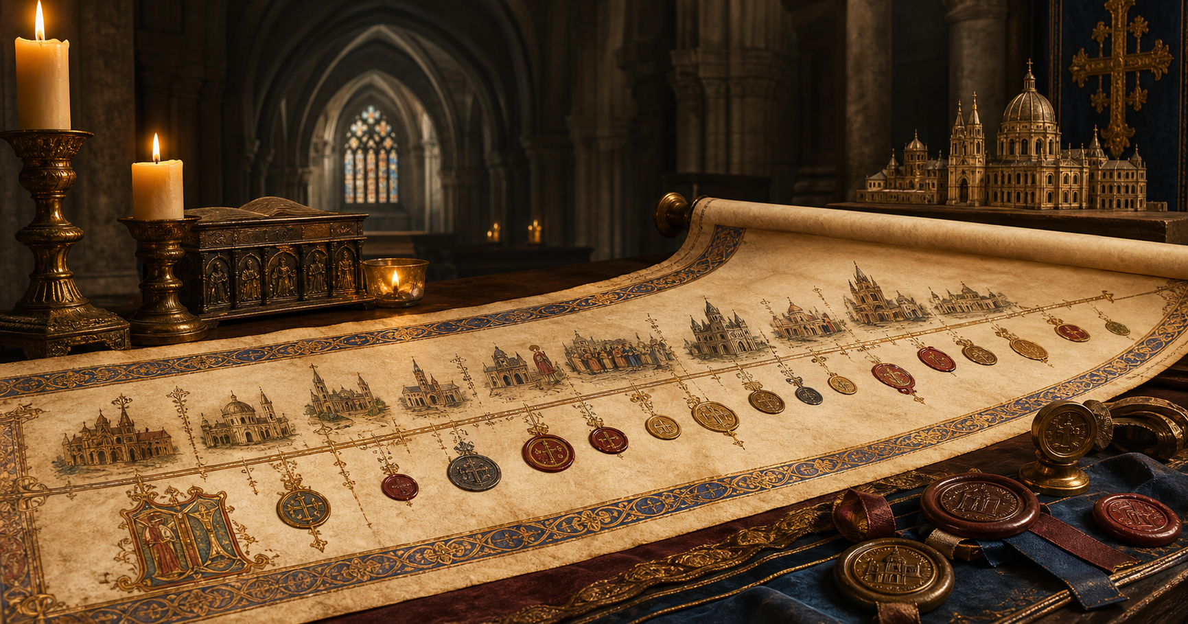 Frise manuscrite illuminee avec sceaux, cierges et silhouettes de cathedrales
