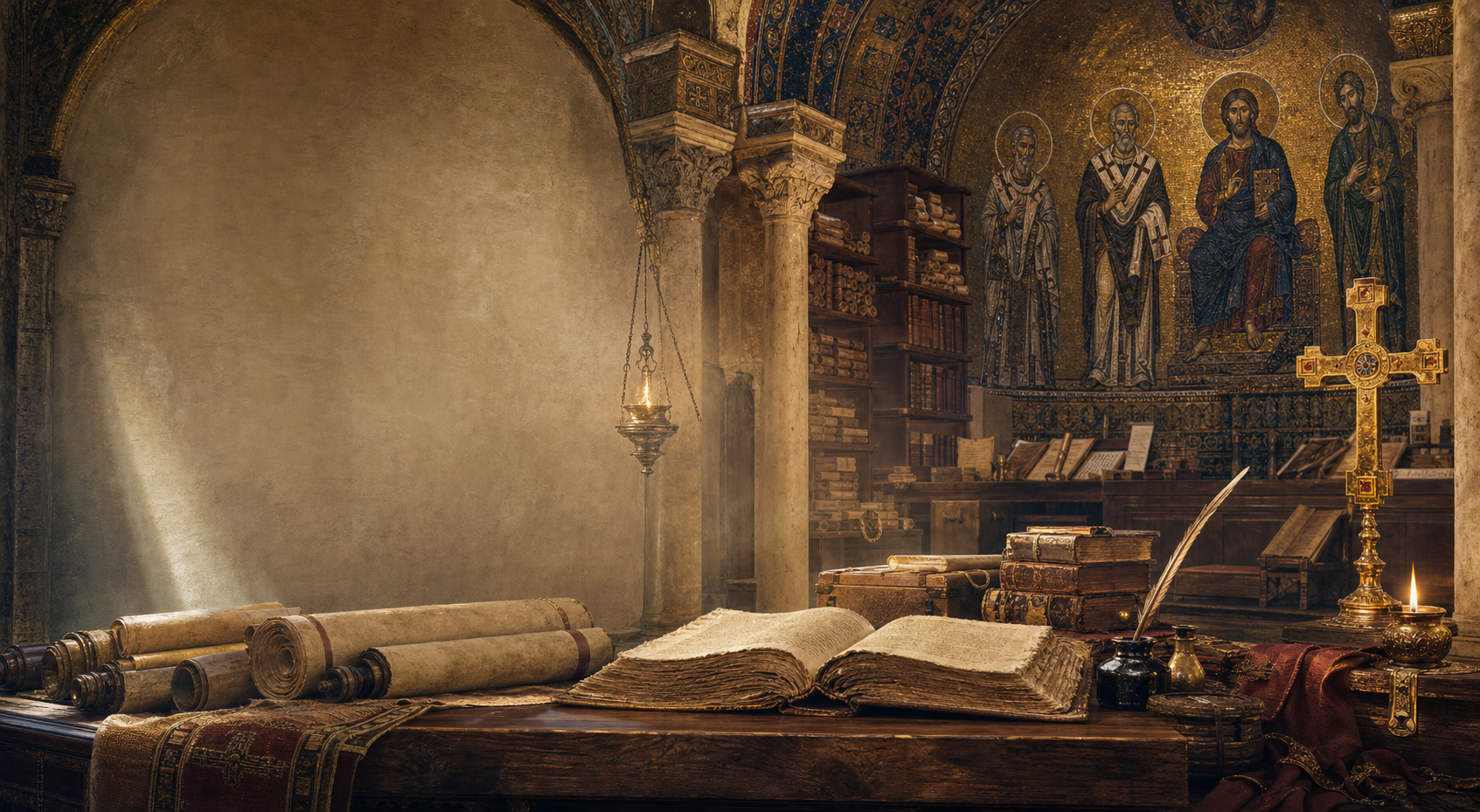 Scriptorium ancien avec codices, papyrus et lueur de mosaique byzantine