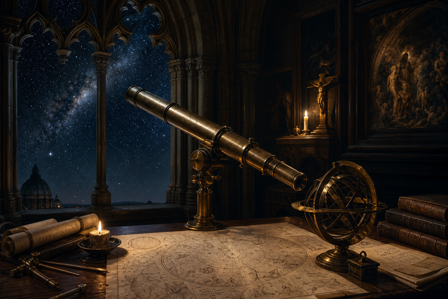 Telescope et carte du ciel devant une fenetre gothique ouverte sur les etoiles